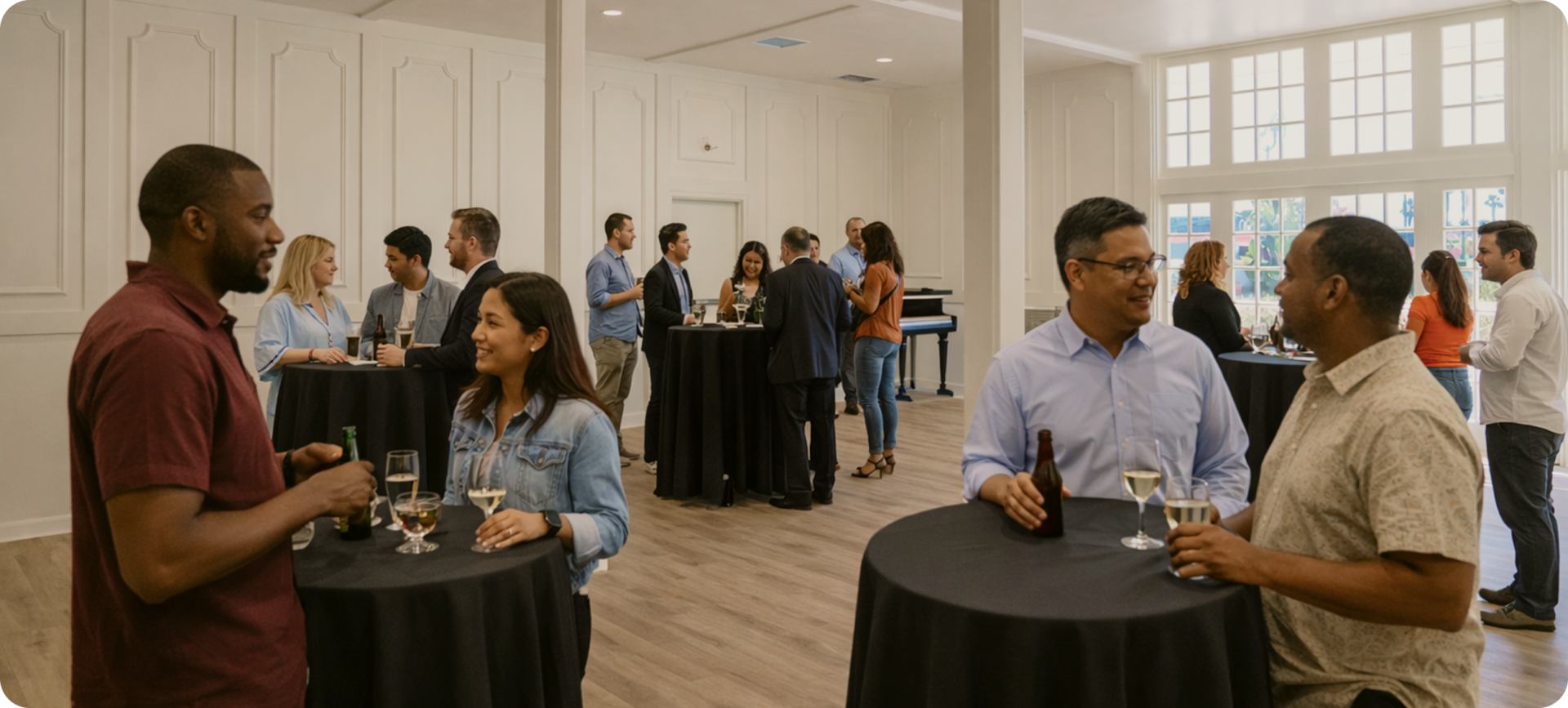 People at a social event stand and chat in small groups around cocktail tables in a bright room, holding drinks and smiling.