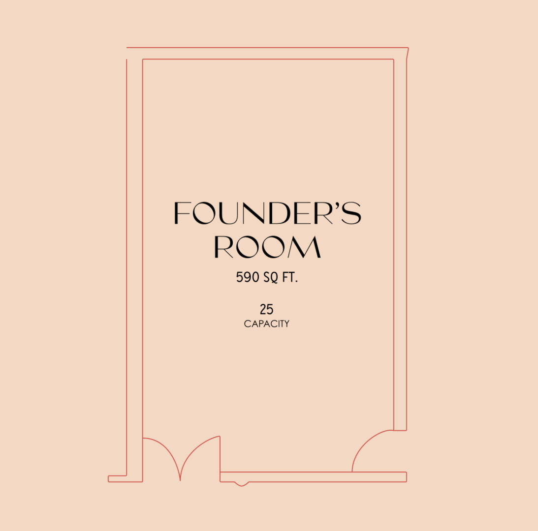 Floor plan outline labeled Founders Room, 590 sq. ft., with a capacity of 25. The room features three doors and is displayed on a beige background.