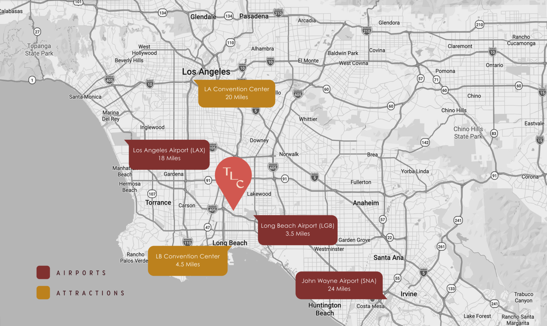 Map of Los Angeles showing TLCs location and airports: LAX (18 miles), Long Beach (16 miles), John Wayne (30 miles), plus LA Convention Center (20 miles) and LB Convention Center (2 miles).