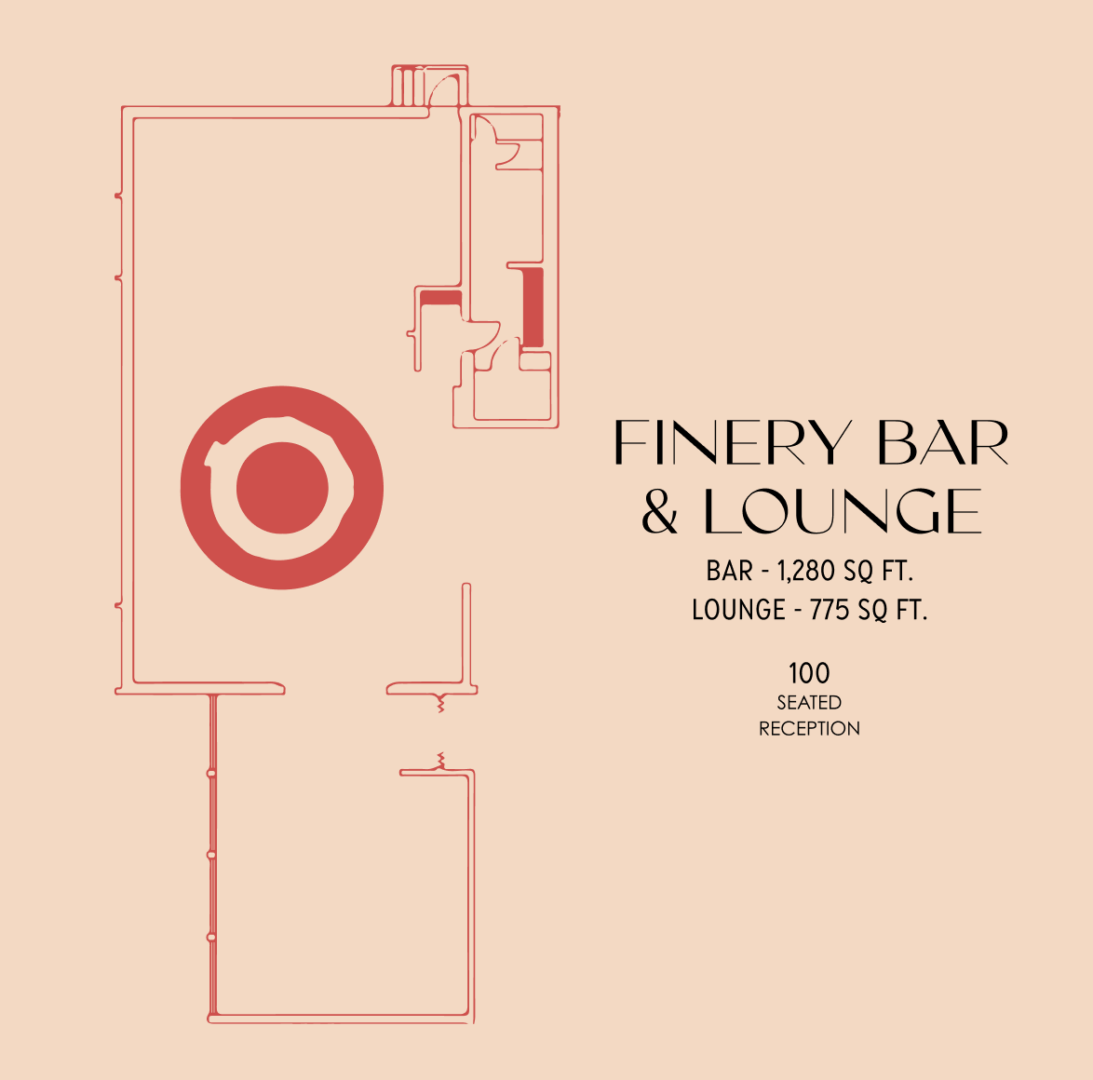 Minimalist floor plan with a circular lounge area, labeled Finery Bar & Lounge. Text details: Bar—1,280 sq ft, Lounge—775 sq ft, and 100 seated reception capacity. Beige background with red lines.