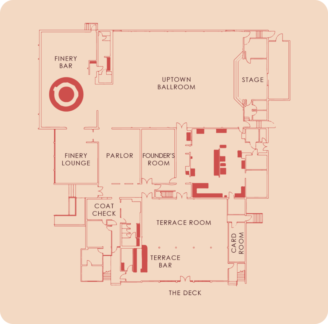 A floor plan showing labeled rooms, including the Finery Bar, Uptown Ballroom, Stage, Parlor, Founders Room, Terrace Room, Terrace Bar, Coat Check, Cap Room, and The Deck.