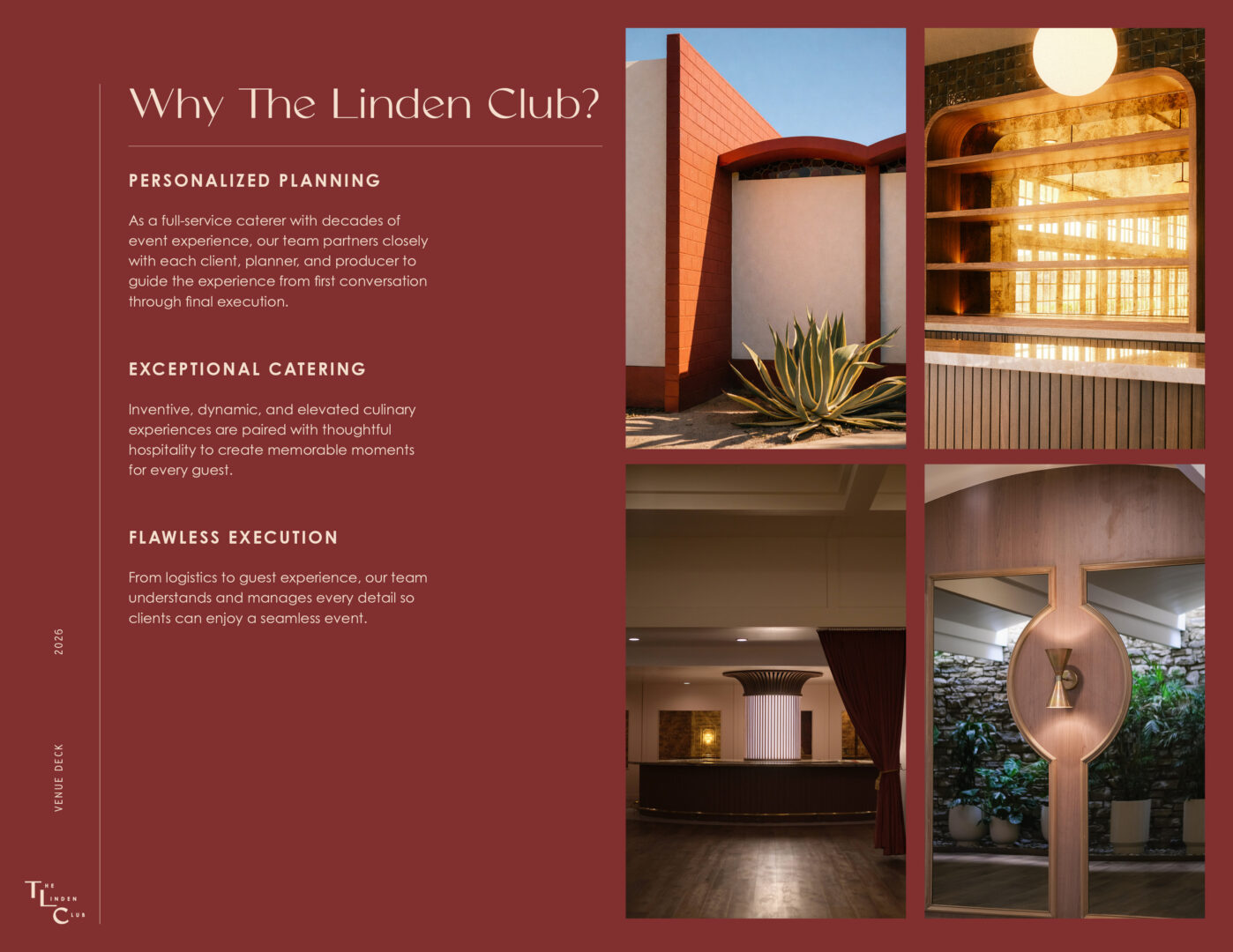 A brochure page for The Linden Club features text about planning, catering, execution, and four photos: an architectural corner, a circular wall sculpture, a plant by a building, and a curved wooden reception desk.