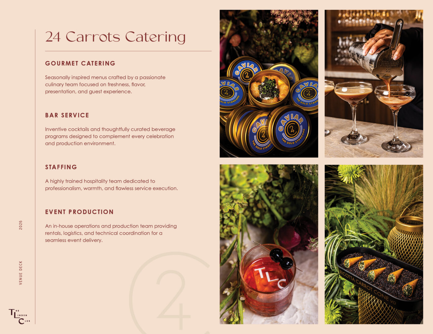 A catering brochure showing gourmet food, drinks being poured, caviar tins, a cocktail, and appetizers. Text lists catering, bar service, staffing, and event production services by 24 Carrots Catering..