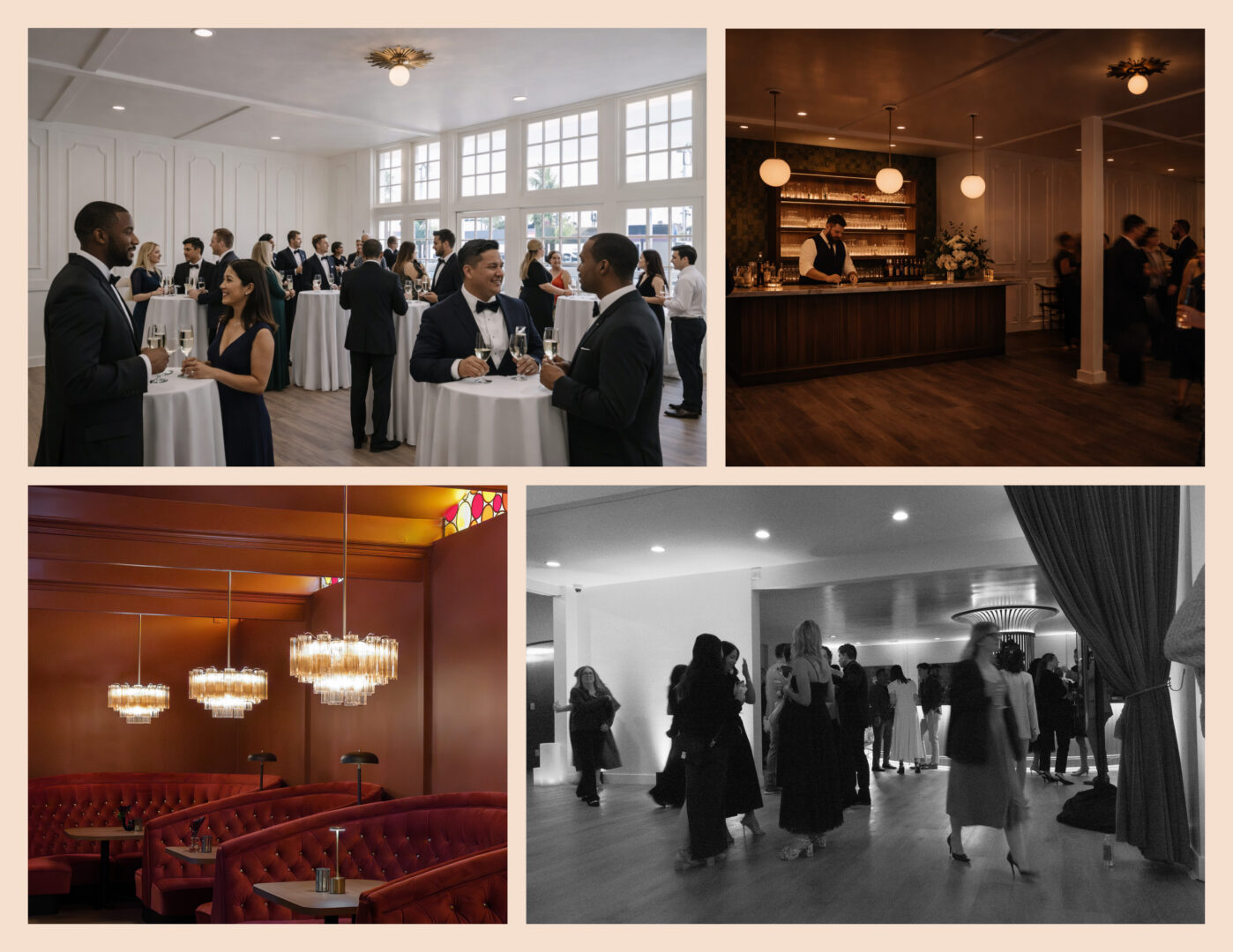 A collage of four elegant event scenes: guests mingling in a bright hall, people at a bar, a stylish lounge with red booths, and a black-and-white photo of people socializing in formal attire.