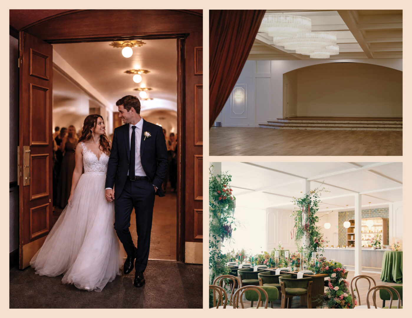 A bride and groom walk hand in hand, a ballroom with chandeliers, and a decorated dining area with green chairs, flowers, and elegant table settings.