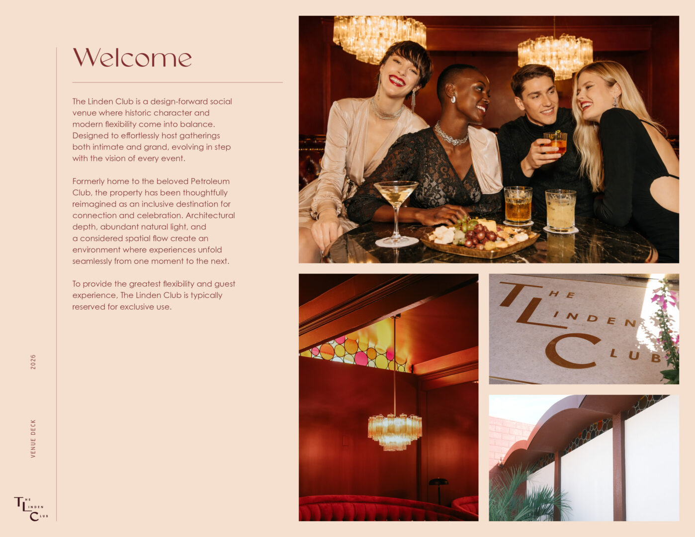 Four stylish people chat and smile around cocktails in a chic lounge. Below, two smaller photos show a The Linden Club sign and the clubs building exterior with a red curved awning against a white wall.