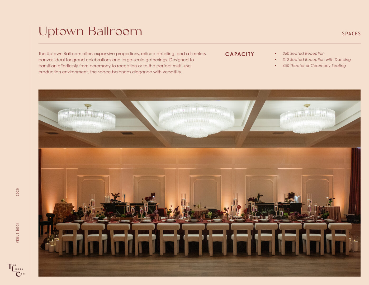 Elegant ballroom with chandeliers and a long dining table set for an event, featuring floral centerpieces and neatly arranged chairs beneath a vaulted ceiling. Event capacity details are listed on the right.