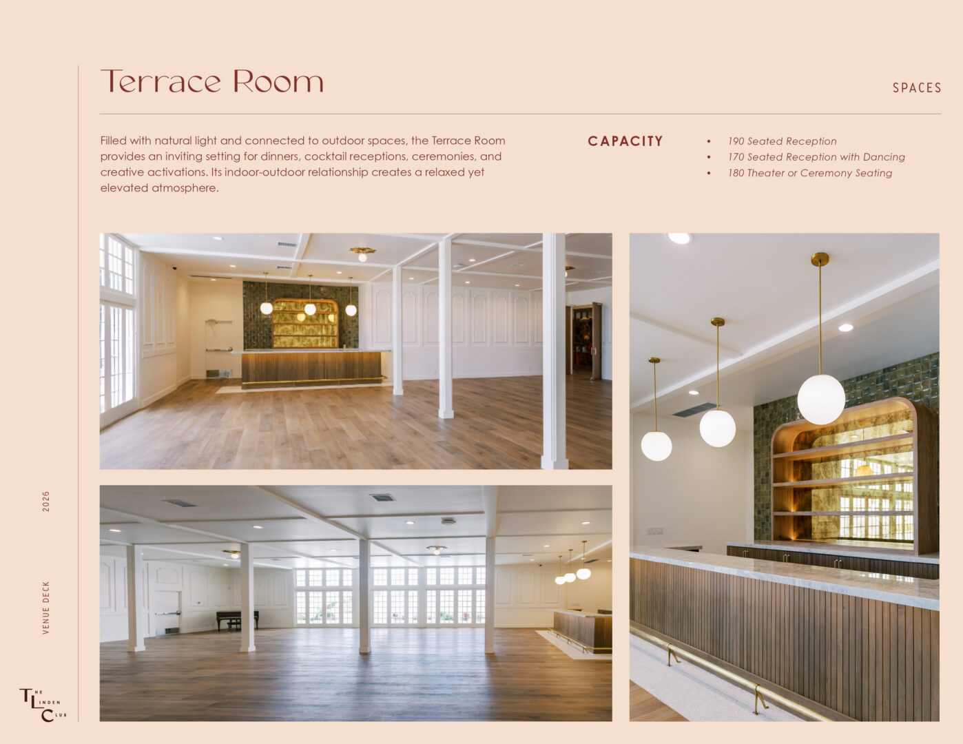 Venue brochure page featuring the Terrace Room with three images: a modern bar, a spacious event room with large windows, and a wooden reception desk with hanging globe lights; includes capacity details and room description.