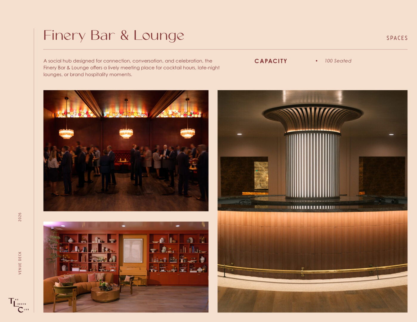 A modern lounge with elegant lighting, a bar area with people socializing, plush seating, and stylish architectural details in warm tones. Capacity listed as 100 seated.