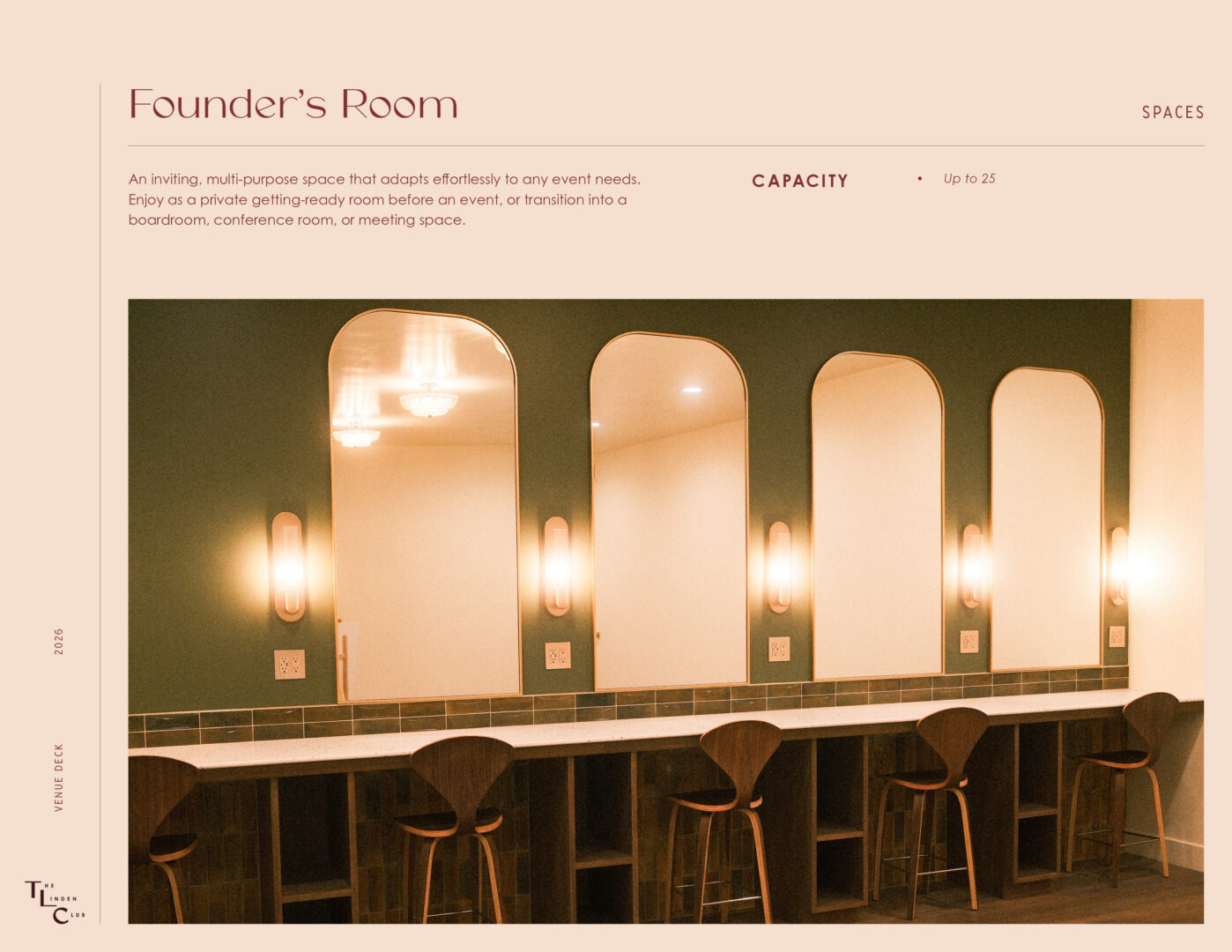 A stylish room with three large mirrors, four wooden chairs at a counter, soft lighting, and a modern design, described as a versatile space for meetings or events with a capacity of up to 25 people.