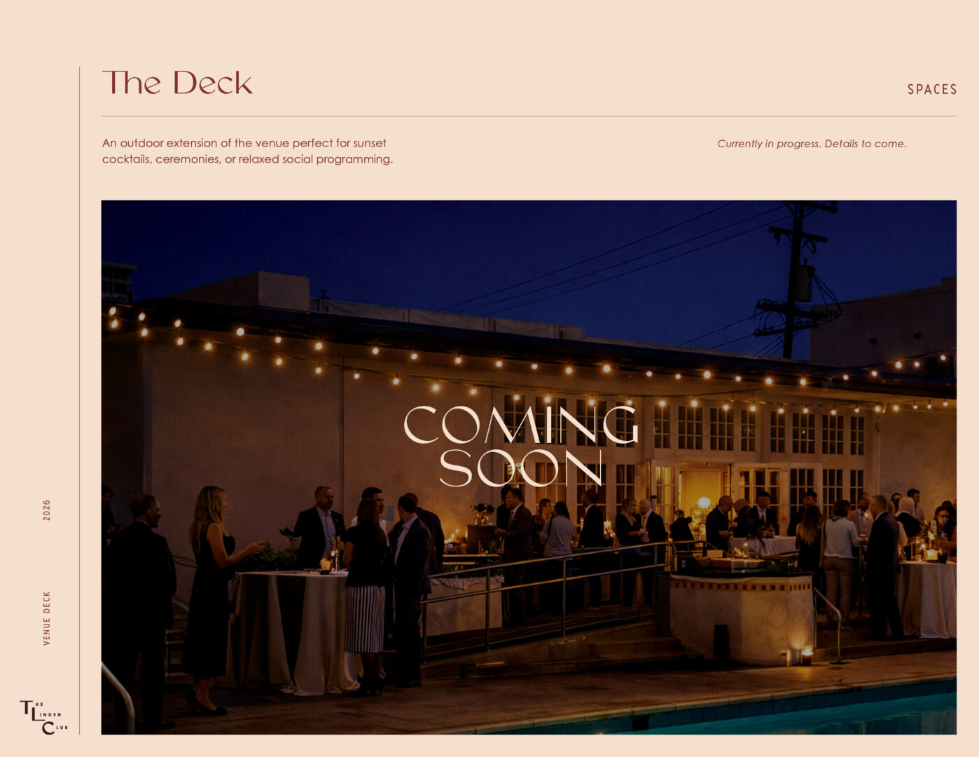 People gather at an outdoor evening event by a pool, with string lights overhead and tables set up. Coming Soon is written across the image, suggesting the venue is opening soon.