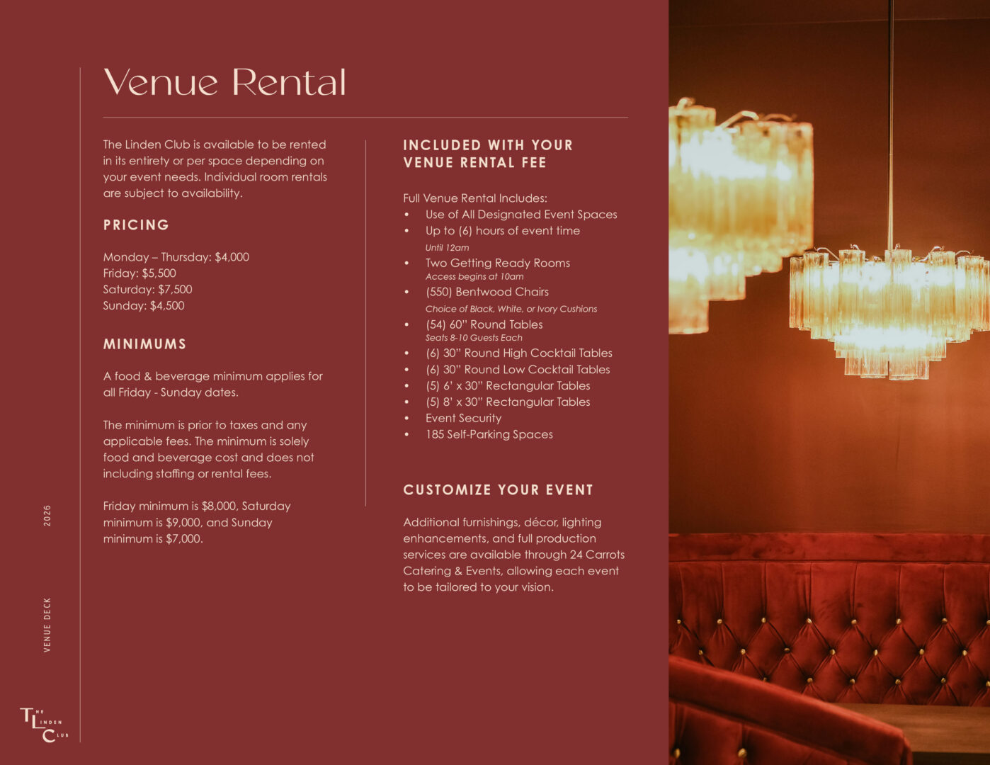A warm, elegant room with red velvet banquettes, gold hanging chandeliers, and venue rental details listed beside the image, highlighting pricing, minimums, included features, and customization options.